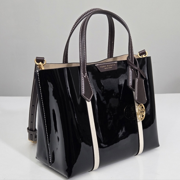 EXCELLENT TORY BURCH PERRY PATENT SMALL TRIPLE COMPARTMENT TOTE BAG - BLACK - Picture 5 of 11